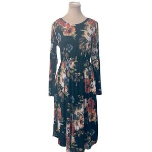 reborn j long sleeve dress REBORN J Floral Long Sleeve High Low Pleated Midi Dress V-Neck Small  Multicolor